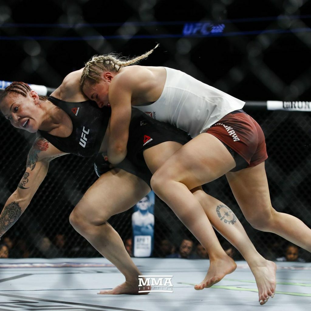Kunitskaya landing a takedown on Cyborg.