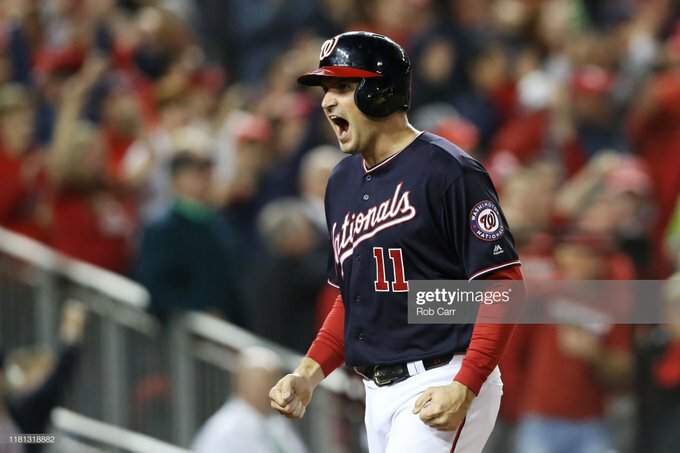 League Championship Series - St Louis Cardinals v Washington Nationals - Game Four
WASHINGTON, DC - OCTOBER 15: Ryan Zimmerman #11 of the Washington Nationals celebrates in the first inning against the St. Louis Cardinals during game four of the National League Championship Series at Nationals Park on October 15, 2019 in Washington, DC. (Photo by Rob Carr/Getty Images)