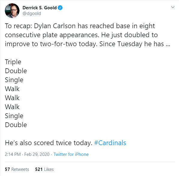 Carlson makes case to be the Starting LF with his first week of Spring Taining!
