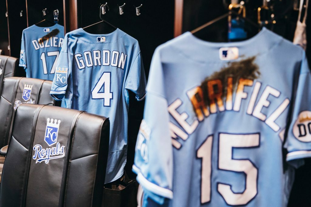 Jerseys in the locker room.