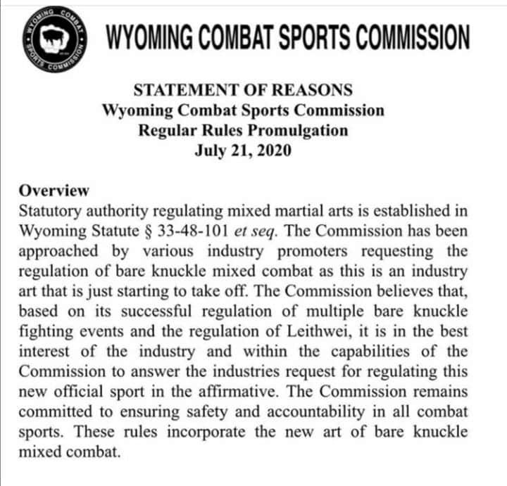 Bare knuckle MMA approval by Wyoming Combat Sports Commission.