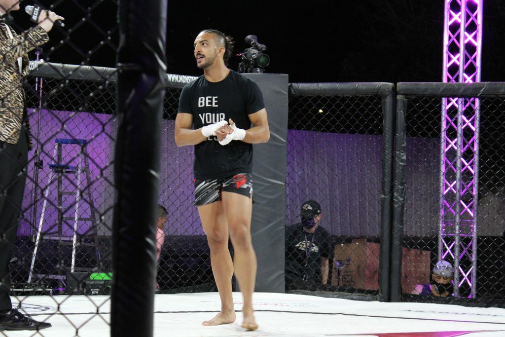 Sparta Wyoming match 7 winner Ali Abouzalam answering post-fight interview questions. Photo credit Ashlee Moreno.