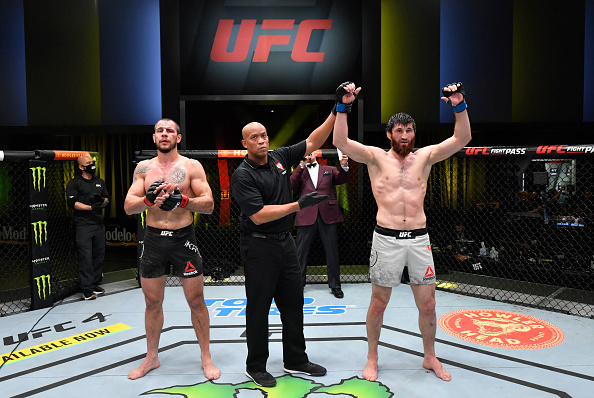Magomed Ankalaev getting his hand raised in the octagon. Matchmaking for UFC Vegas 20 Main Card winners