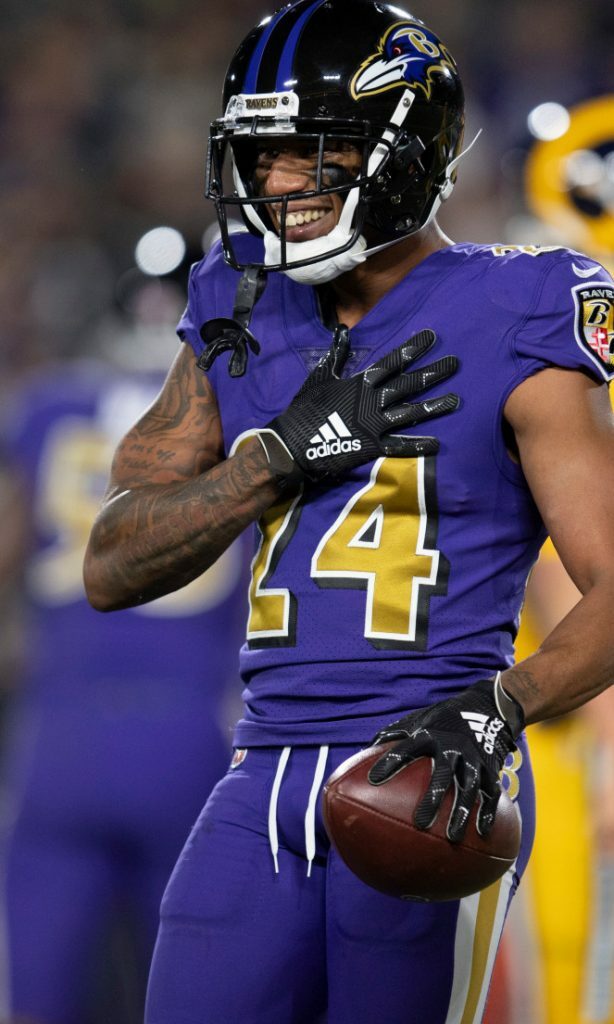 Ravens Marcus Peters celebrating in a sweet revenge game for him.