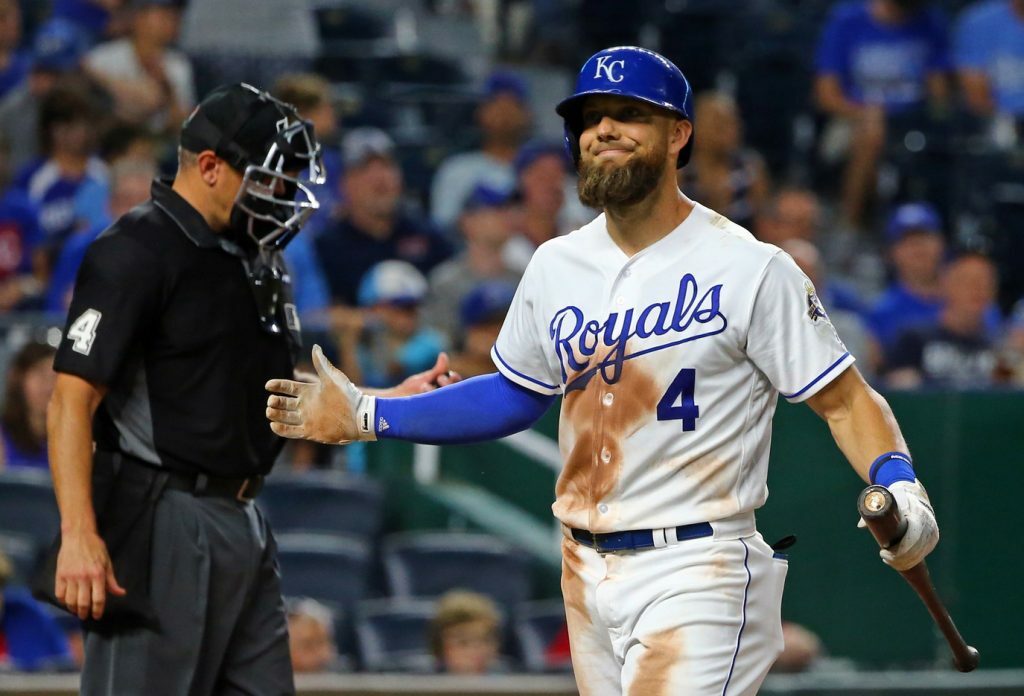Alex Gordon after scoring a run in 2019,