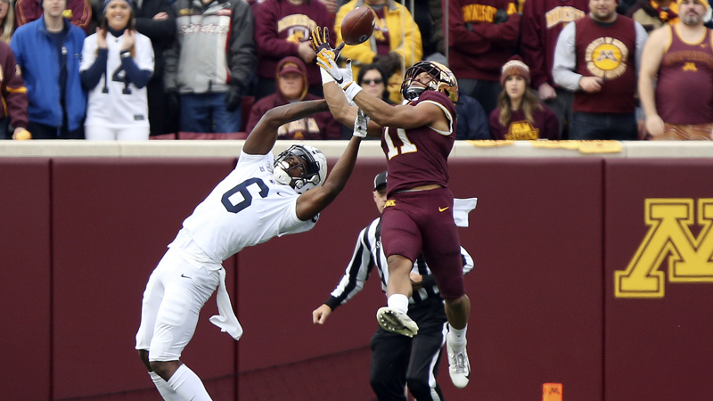 Minnesota defensive back Antoine Winfield Jr. (11) intercepts the ball intended for Penn State wide receiver Justin Shorter (6) during an NCAA college football game, Saturday, Nov. 9, 2019, in Minneapolis. (AP Photo/Stacy Bengs)
2020 NFL Mock Draft