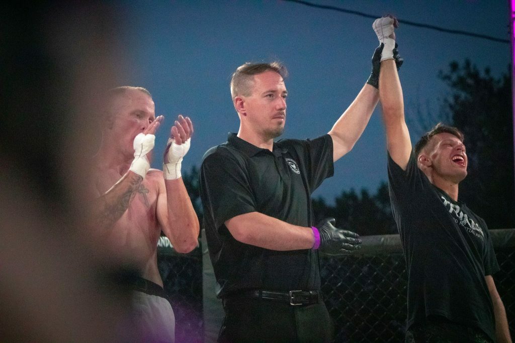 Match 5 winner Jacque Broussard getting his hand raised after winning. Photo credit Ashlee Moreno.