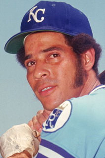 Amos Otis standing with his bat.