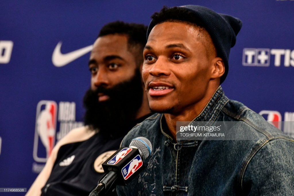 Should the Miami Heat pursue Harden? Harden and Russell Westbrook at a press conference.