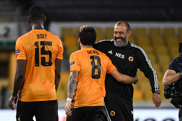 Nuno Esperito Santo celebrates after Wolves beat Olympiacos in the UEFA Europa League.