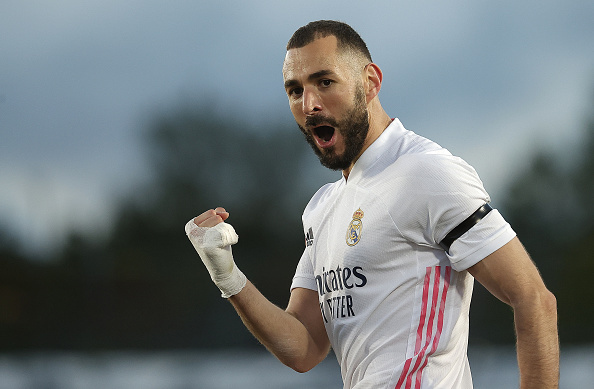 Karim Benzema celebrates his disallowed goal during the Laliga match between Real Madrid and Sevilla.