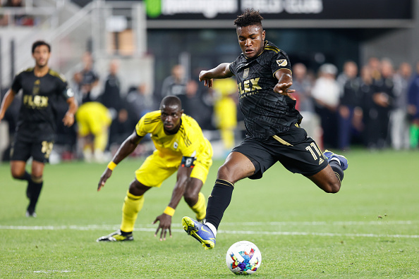 LAFC attacker Jose Cifuentes has a shot for goal in a game against Columbus Crew SC on May 21.