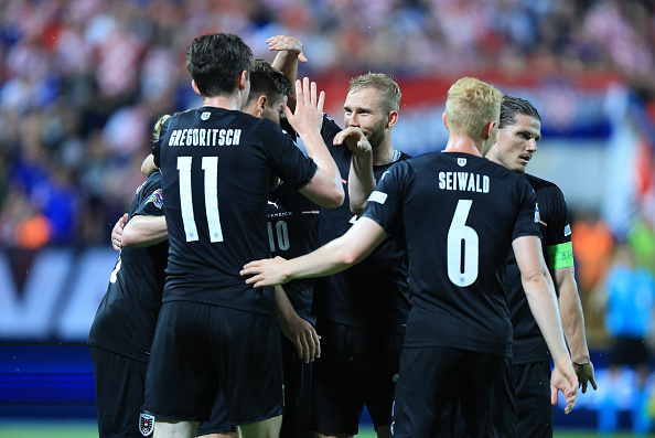 Austria celebrates after Michael Gregoritsch scores against Croatia in the UEFA Nations League.
