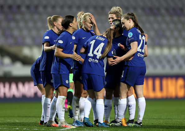 Chelsea LFC celebrate scoring against VfL Wolfsburg in the Women's Champions League.