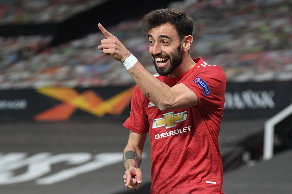 Bruno Fernandes celebrates after scoring in the UEFA Europa League Semi-final against AS Roma. He will likely be a key component of the Portugal squad for the upcoming Euro 2020 competition.