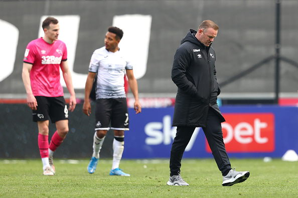 Wayne Rooney pictured after Derby's EFL Championship game against Swansea City- who sit 17 places above them in the league.