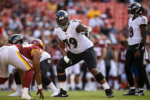 Baltimore Ravens guard Ben Powers (72) lines up for the play