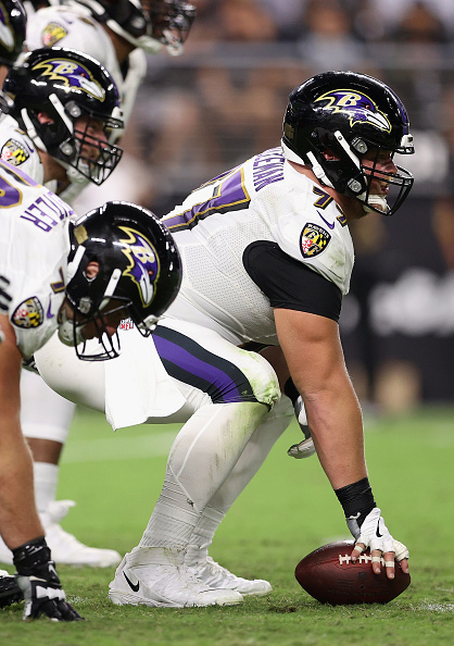 Baltimore Ravens guard Ben Powers (72) in action during the first