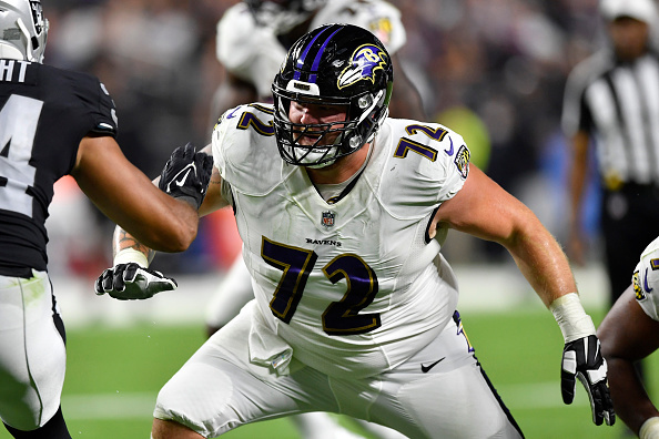 Baltimore Ravens guard Ben Powers (72) in action during the first